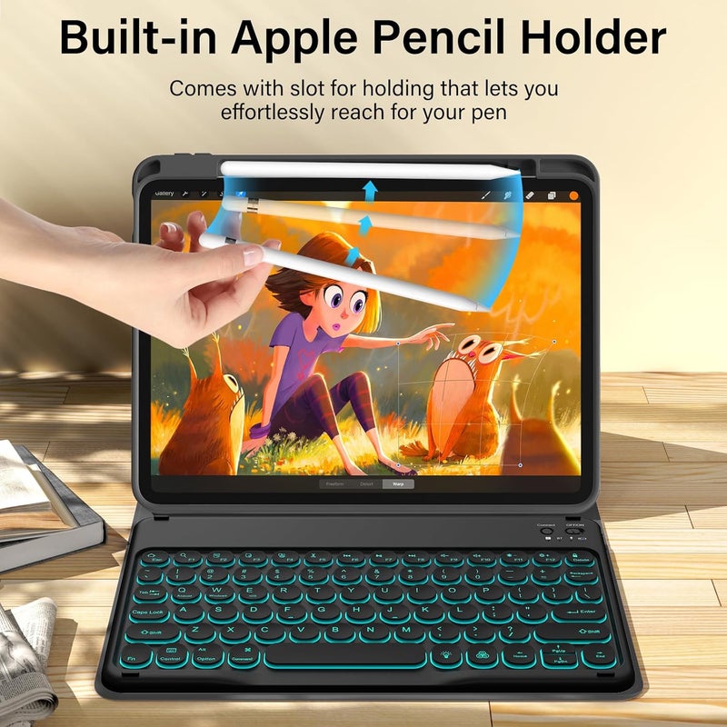 kenke for iPad 11/10th Gen Case with Keyboard 11/10.9 inch 2025 A16/2022, Detachable Wireless Upgrade 1 Step BT Connection with Right Side Pencil Holder, Backlit Black Round Keycaps (Black - Image 3